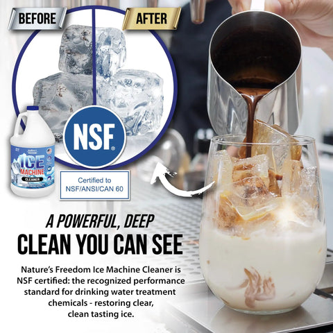 Pro Grade Ice Machine Cleaner 1 Gallon NSF Certified For Drinking Water Treatment Nickel Safe Descaler Made In USA Universal Compatibility For Commercial And Residential Ice Makers, before-and-after ice cleaner