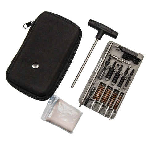Ultra Compact Pistol Cleaning Kit For Handguns Built Tough For Range Rat Life and Quick Gear Refresh shown with case and tools.