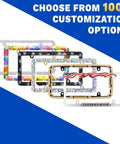 Six colorful license plate frames with customization options shown against a blue and white background with text 'Choose from 100+ Options'