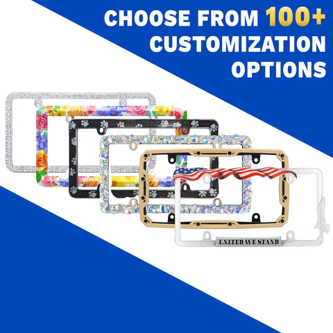 Six colorful license plate frames with customization options shown against a blue and white background with text 'Choose from 100+ Options'