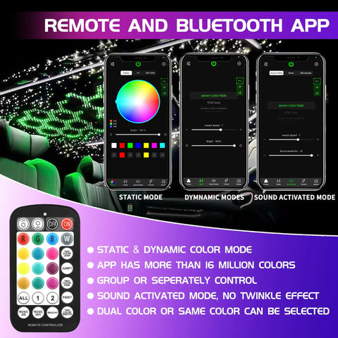 Dual Color Starlight Headliner Kit For Cars With Fiber Optic Star Ceiling Lights, Sound Activated, App And Remote Control