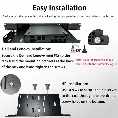 No Sweat One U Rack Mount Bracket For Micro Desktop Computers featuring easy installation instructions and screw details.