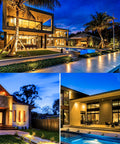 Exterior view of modern house with 12 Pack 10W Low Voltage Landscape Well Lights Outdoor In Ground LED Pathway Garden Yard Lighting 3000K Warm White Waterproof With Wire Connectors 12V 1000 Lumen Paver Lights For Pathway And Patio.