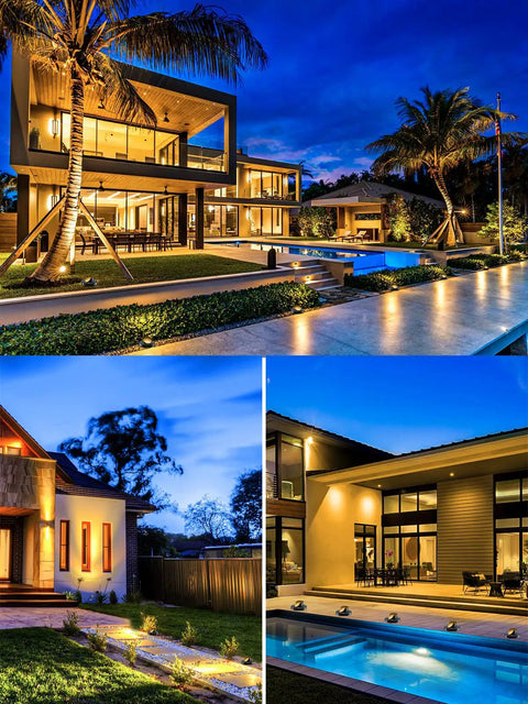 Exterior view of modern house with 12 Pack 10W Low Voltage Landscape Well Lights Outdoor In Ground LED Pathway Garden Yard Lighting 3000K Warm White Waterproof With Wire Connectors 12V 1000 Lumen Paver Lights For Pathway And Patio.