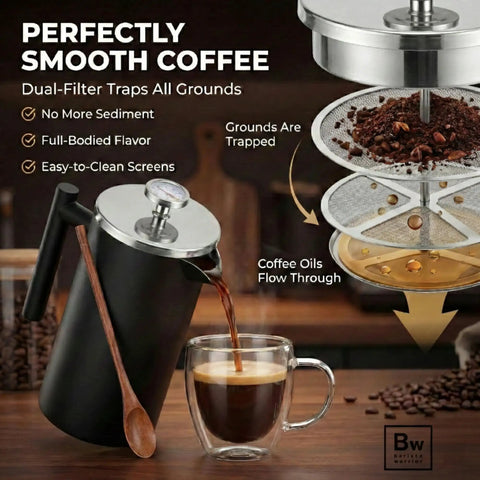 Double Wall Stainless Steel French Press Coffee Maker With Built In Thermometer And Fine Mesh Dual Filters pouring coffee into a glass cup.