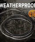 Coiled Long Reach 200ft Heavy Duty Extension Cord 16 AWG 3 Prong SJTW Power Cable shown in wet conditions.