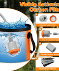 Rechargeable Camping Shower With Immersion Water Heater, LED Filter Shower Head, visible carbon filter, 6.6 Gallon Foldable Bucket.