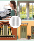 Six Piece 12 Inch Stainless Steel Piano Hinges Heavy Duty Pre Drilled Build Rust Resistant Finish displayed with cabinet and architectural elements.