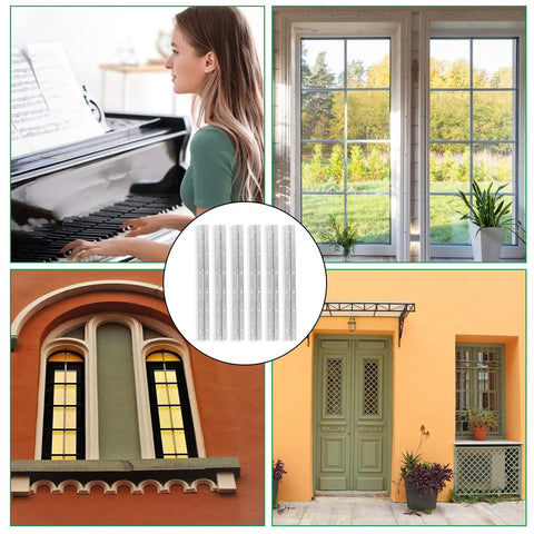 Six Piece 12 Inch Stainless Steel Piano Hinges Heavy Duty Pre Drilled Build Rust Resistant Finish displayed with cabinet and architectural elements.