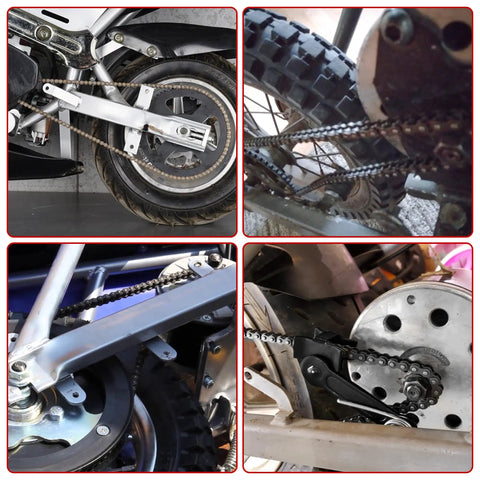 Close-up of 25H Chain 132 Link And MX650 Chain Tensioner Replacement Kit on electric dirt bikes