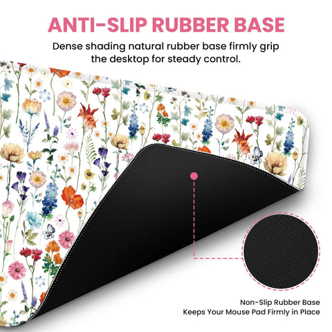 Ultra Large Desk Pad For Desktop 31.5 Inch By 11.8 Inch Extended Mouse Pad With Anti Slip Surface Featuring Wildflowers with rubber base