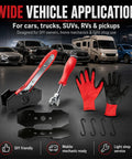 Ratcheting Brake Caliper Piston Compressor And Drum Brake Spring Installer Tool Kit with gloves and vehicles in background