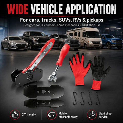 Ratcheting Brake Caliper Piston Compressor And Drum Brake Spring Installer Tool Kit with gloves and vehicles in background