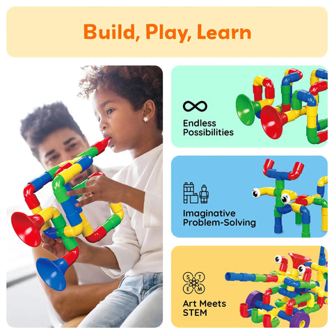 Child plays with 136-Piece Tubular Pipes And Spout STEAM Interlocking Building Block Set With Storage Box Tube Locks Pipeworks