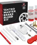 Hydraulic Brake Bleeding Kit For Tektro And TRP Brakes With 120ml Mineral Oil 5.5mm Olive Insert Funnel Adapter Mountain Bike Brake Bleed Tool Set That Makes Quick Clean Bleeds Easy shown with tools and packaging