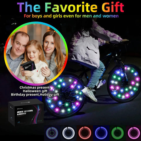 Person riding bike with Two Tire Pack LED Bike Wheel Lights With Batteries Included, rainbow colors glowing in dark