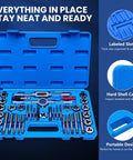 80 Piece Tap And Die Set SAE And Metric For Internal And External Threads, Pro Grade Threading Tool Kit open case display.