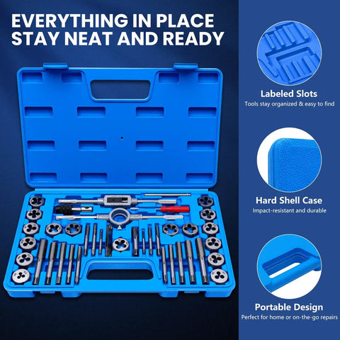 80 Piece Tap And Die Set SAE And Metric For Internal And External Threads, Pro Grade Threading Tool Kit open case display.