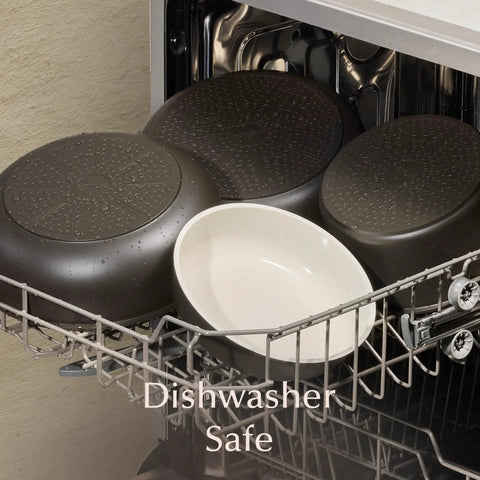 Nonstick Ceramic Cookware Set With Detachable Handle, 21 Pieces, in dishwasher showing charcoal finish, dishwasher safe
