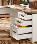 67 Inch Farmhouse L Shaped Standing Desk With Drawers And Fast Charging Station, Lockable File Cabinet, wood top, white drawers