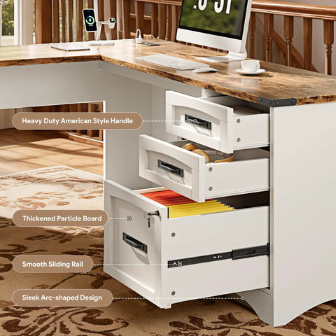67 Inch Farmhouse L Shaped Standing Desk With Drawers And Fast Charging Station, Lockable File Cabinet, wood top, white drawers