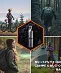 Durable Stainless Steel Water Bottle 1500 Ml BPA Free For Camping And Outdoors Campfire Ready surrounded by outdoor scenes