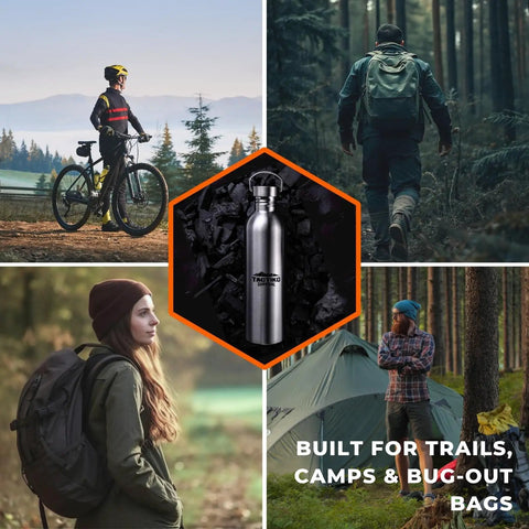 Durable Stainless Steel Water Bottle 1500 Ml BPA Free For Camping And Outdoors Campfire Ready surrounded by outdoor scenes