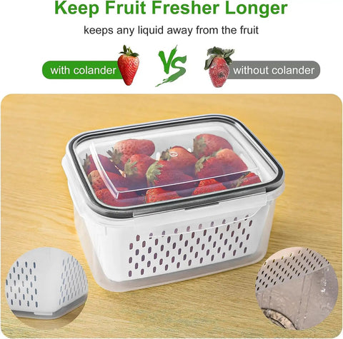 4 Pack Fridge Fruit Storage Containers With Removable Colanders, Airtight Food Saver featuring strawberries stored fresher