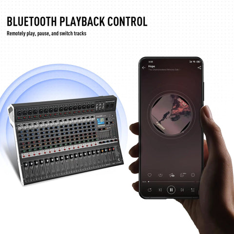 16 Channel Audio Mixer With Bluetooth And USB Playback 99 DSP Effects Digital Mixing Console near smartphone in hand