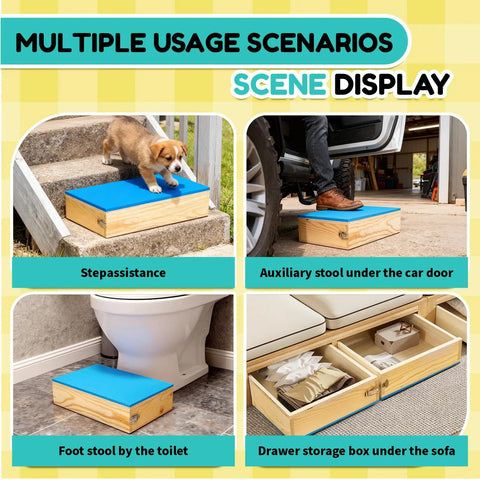 Multiple uses of Two Piece Connectable Wooden Dog Training Platform Set With Non Slip Foaming Surface shown in various home settings