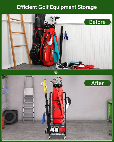 Before and after of Three Tier Golf Bag Storage Rack For Garage Keeps One Bag Plus Extra Clubs Shoes Balls Towels And Accessories Pro Style Gear Organizer in use, showcasing organized space.