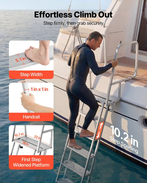 6 Step Beefy Heavy Duty Aluminum Dock Ladder With Flip Up Design, Non Slip Wide Steps, 350 Lb Weight Capacity, Pontoon Boat Swim Ladder With Pull Rope Assist For Lake Pool Marine Boarding, Durable Easy To Use installed on yacht side, 10.2 in step spacing