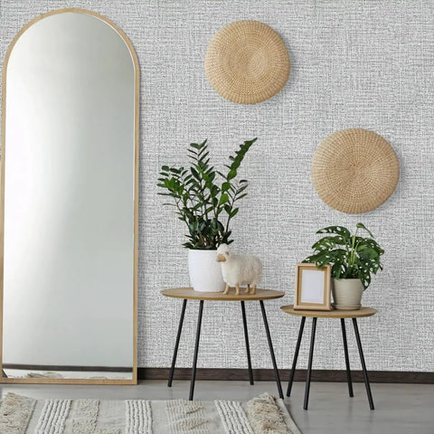 Modern room with Gray Grasscloth Peel And Stick Wallpaper Self Adhesive Vinyl for Cabinets and Walls 17.7 Inch by 393.7 Inch.