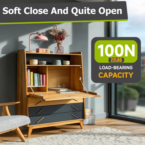 Drop-Down Gas Struts With No-Slam Soft Close Hinges for secretary desk cabinet, 100N load capacity, silver hydraulic lid stay support.