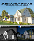 2K 360 Degree Solar Wireless Outdoor Security Camera With Color Night Vision showing day and night functionality on house