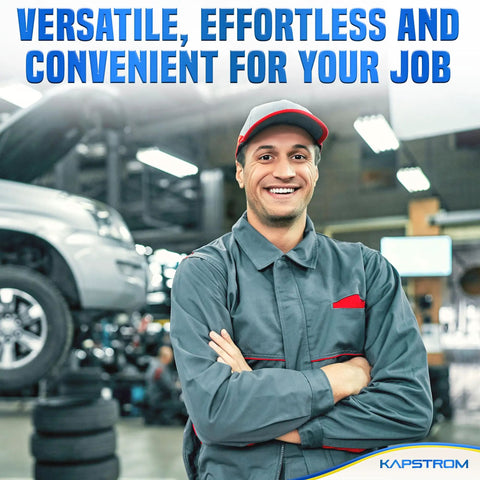 Auto mechanic standing with arms crossed in workshop, car lifted on jack in background, Kapstrom branding visible.