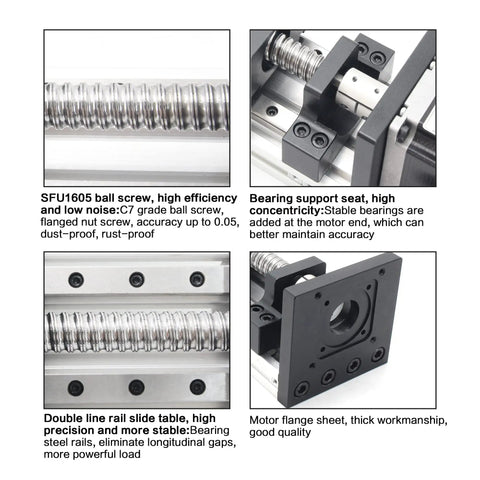 Close-up of HBX1605 300mm Linear Motion Guide Actuator With Double Linear Rail Slide 1605 Ballscrew And Nema23 Stepper Motor components