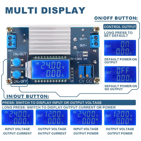 Dope Adjustable DC Buck Converter Power Supply From 5.3V To 32V Down To 1.2V To 32V With LCD Display showing 24.00V output