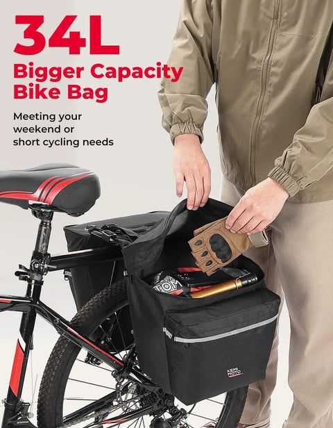 34L Waterproof Bike Pannier Bag With Rain Cover For Rear Rack All Weather Ready Saddle Bags shown mounted on a bike