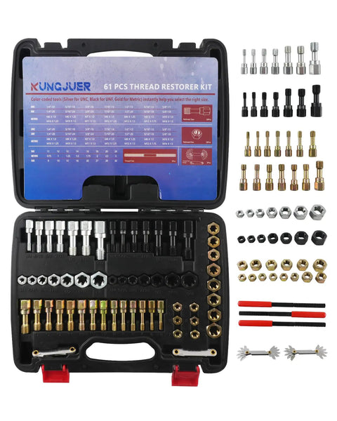 61 Piece All In One Pro Grade Thread Repair Kit With Thread Restorer Tool Set UNC UNF And Metric Chasers in plastic case