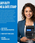 Top Shelf Automatic Electronic Date And Time Stamp Machine Made In Usa With Fifty Plus Preset Formats Custom three line imprints held by smiling woman