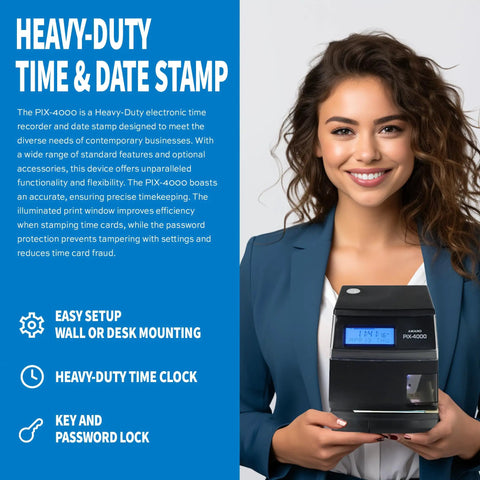 Top Shelf Automatic Electronic Date And Time Stamp Machine Made In Usa With Fifty Plus Preset Formats Custom three line imprints held by smiling woman