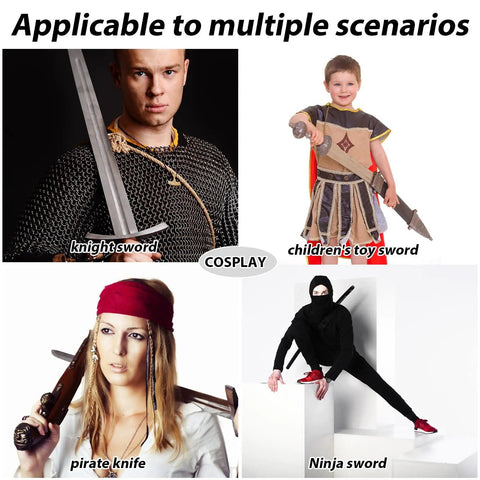 Cosplay scenarios with knight, child's toy, pirate, and ninja showing Two Piece Sword Bag Set With Straps 50 Inch Long Katana Cover.