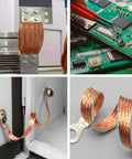 Pure Copper Desoldering Wick 32.8 Ft Flexible Braided Mesh Solder Wick 4mm Wide Copper Wire For Electronics Repair High Conductivity Anti Interference Solder Braid For Quick Fixes, shown in four different uses, including PCB repair and connection binding.