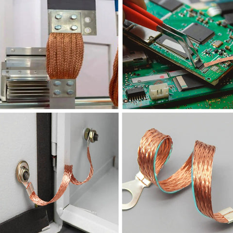 Pure Copper Desoldering Wick 32.8 Ft Flexible Braided Mesh Solder Wick 4mm Wide Copper Wire For Electronics Repair High Conductivity Anti Interference Solder Braid For Quick Fixes, shown in four different uses, including PCB repair and connection binding.