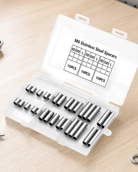 Stainless Steel Spacer Bushing Kit For M6 Unthreaded Spacers Three Popular Sizes In One Handy Must Have Set 6x8x10mm 6x8x20mm 6x8x30mm With Organized Storage Box Ideal For Wheel And Suspension Spacing Projects, open box with stainless steel spacers