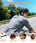 Cyclist wearing waterproof silicone eyewear cover with sweat proof ear grip for Ray-Ban Meta Wayfarer on roadside