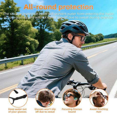 Cyclist wearing waterproof silicone eyewear cover with sweat proof ear grip for Ray-Ban Meta Wayfarer on roadside