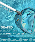 All In One Pool Cleaning Kit With Ten Foot Adjustable Aluminum Pole Seventeen And A Half Inch Skimmer Net And Seventeen And A Half Inch Curved Wall Brush Head For Inground And Above Ground Pools No Fuss Debris Cleanup showing nylon skimmer net