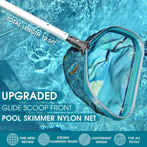 All In One Pool Cleaning Kit With Ten Foot Adjustable Aluminum Pole Seventeen And A Half Inch Skimmer Net And Seventeen And A Half Inch Curved Wall Brush Head For Inground And Above Ground Pools No Fuss Debris Cleanup showing nylon skimmer net